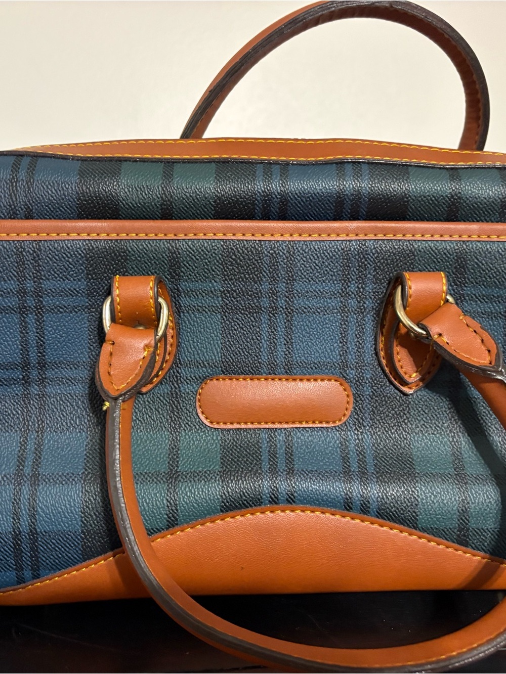Dooney & Bourke Green and Blue Tartan Duffel with Brown Leather Trim - Picture 2 of 4